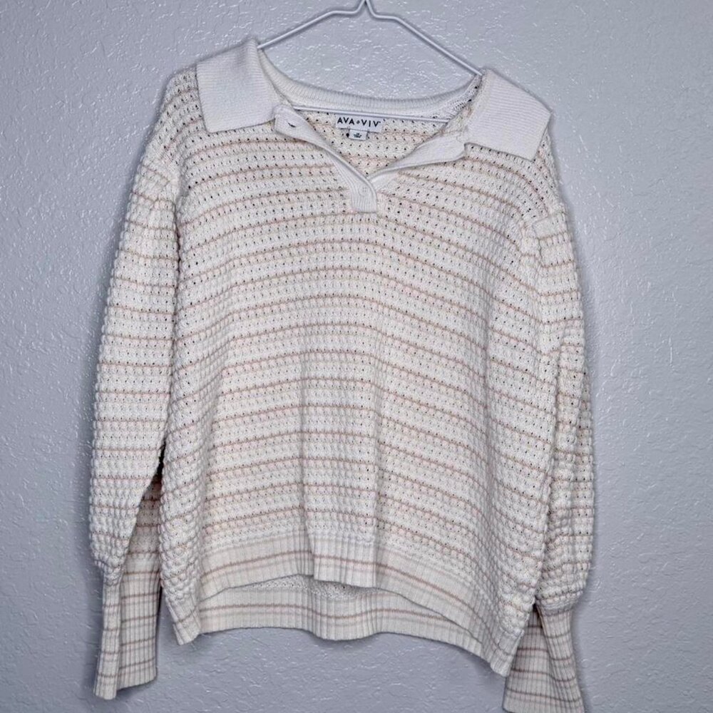 Ava & Viv Crochet Knit‎ Polo Sweater – Neutral Stripes | Size XL